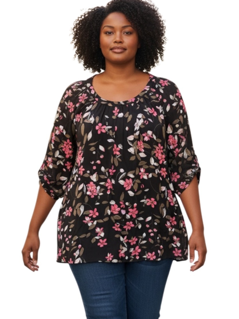 ellos Black Floral Scoop-Neck Plus-Size Tunic with Pink Flowers